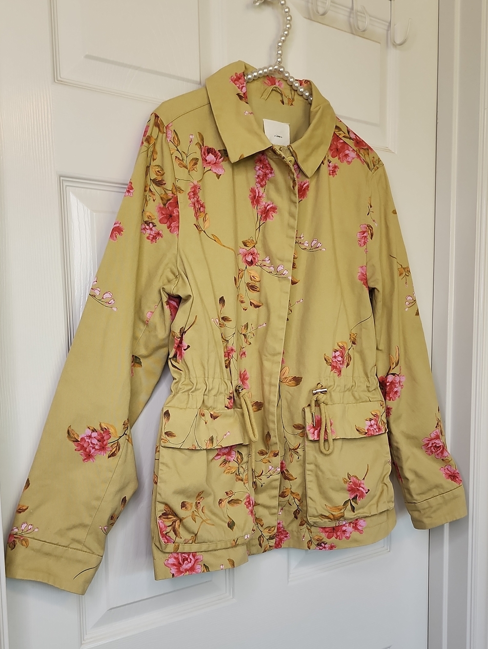 A Loves A Womens Light Olive Green Pink Floral Print Utility Jacket